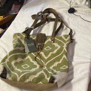 Myra Bag Green and Cream Woven Tote with Leather Accents